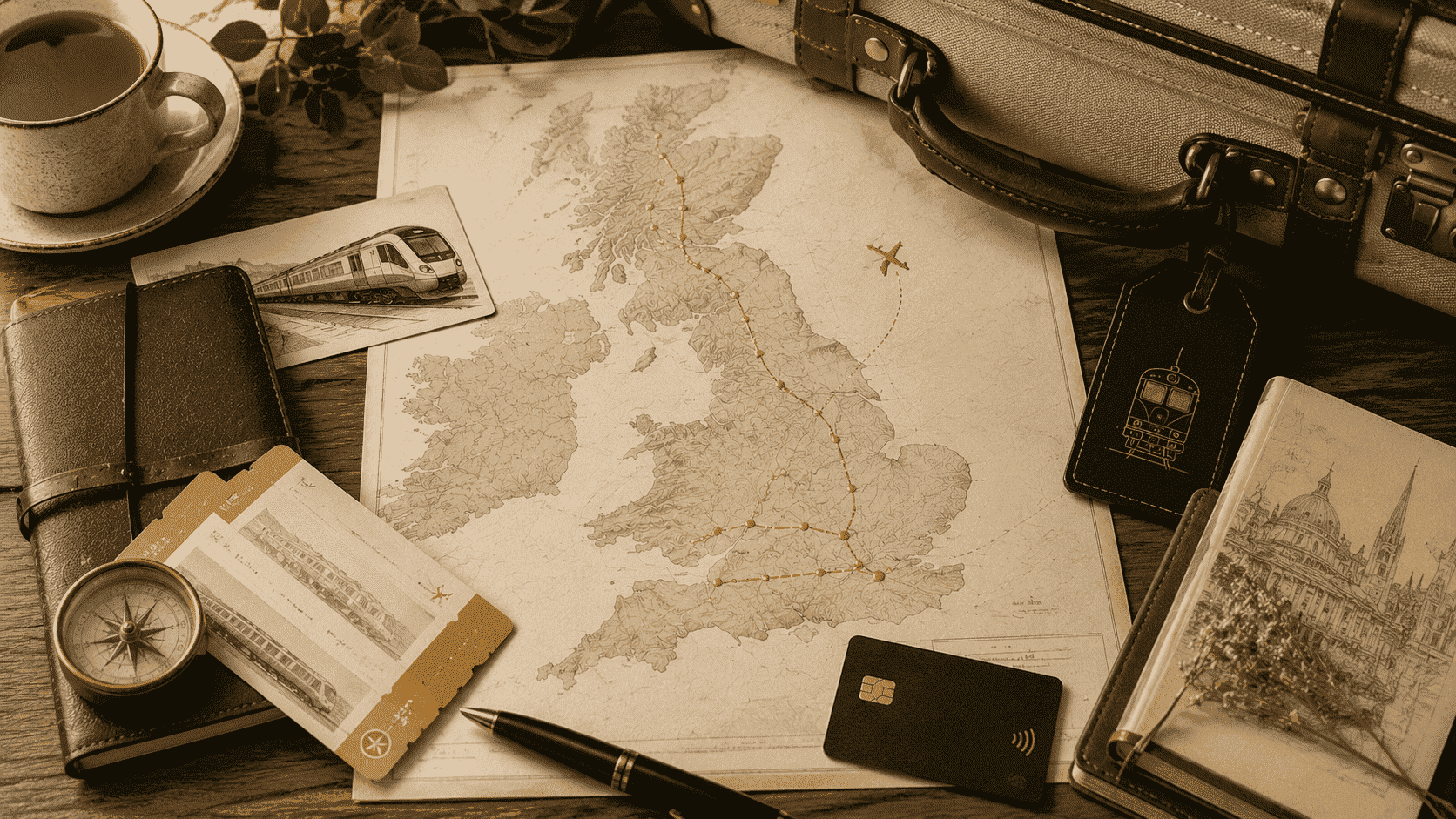 英國交通轉場視覺，呈現 Heathrow、London、York、Edinburgh 與 Oxford 等路線串接。