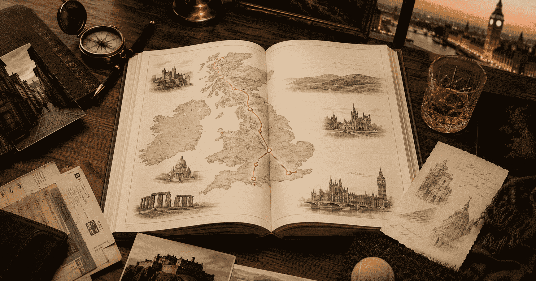 英國長線旅程視覺，串起倫敦、約克、愛丁堡與高地。